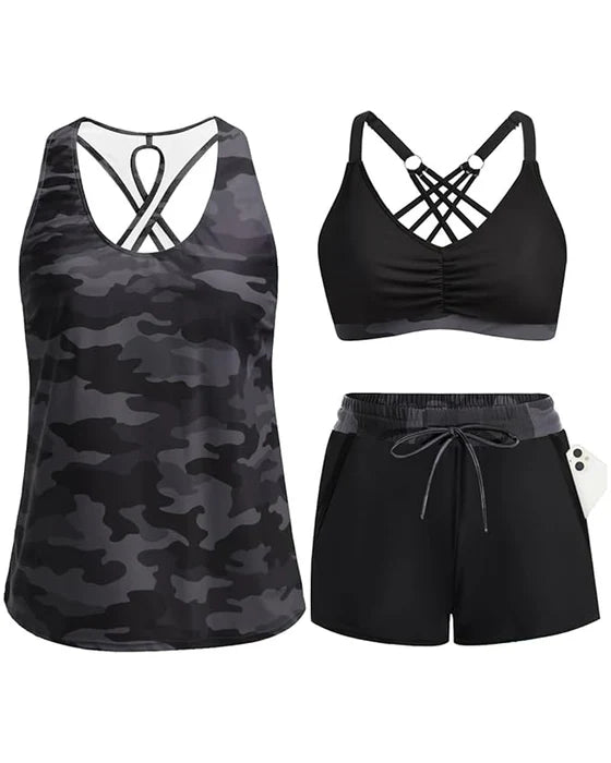 Abdeckung Und Bikini Crisscross Ärmelloses Oberteil + Kordelzug Bedruckte Hose Für